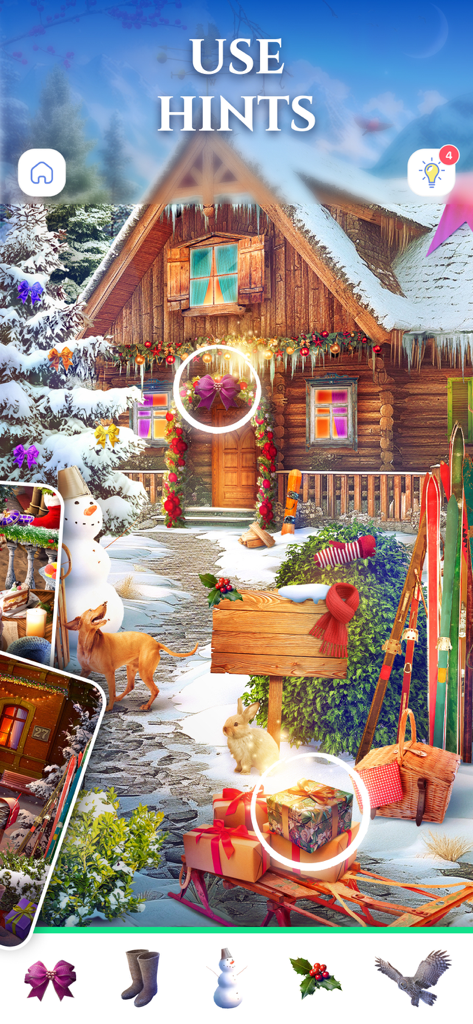 Bright Objects・Find the Hidden - Una pantalla de juego de objetos ocultos que muestra una escena de cabaña de invierno donde los jugadores encuentran artículos como regalos y lazos usando pistas.