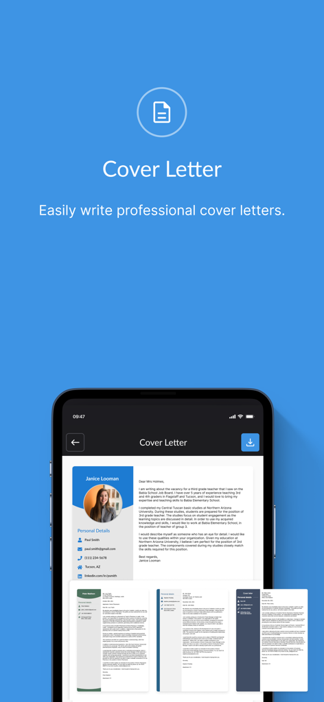 Une interface mobile de CVwizard montrant des modèles de lettres de motivation professionnels pour les candidatures d'emploi.