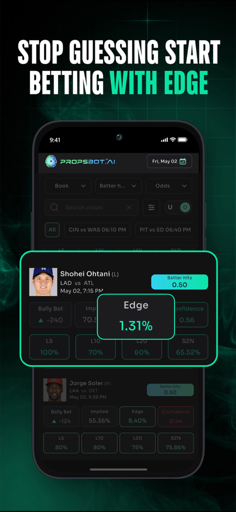 PropsBot: Bet With Confidence - PropsBot mobile app display showing the edge score for player props and betting insights