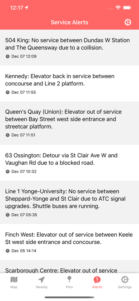Service alerts screen in the TTC Watch for Toronto app showing real-time transit updates