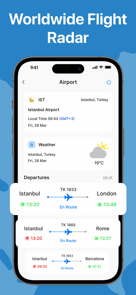 Flight Tracker + Live Radar 24 - Pantalla de la aplicación Flight Tracker que muestra las salidas del aeropuerto de Estambul y detalles del clima