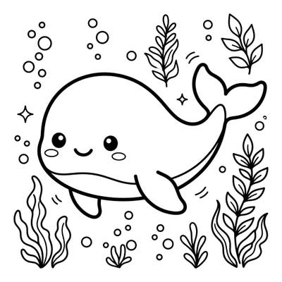 Let your child's creativity surface with this delightful kawaii gray whale coloring page. Designed with thick outlines and a friendly face, it's perfect for little hands to enjoy an underwater adventure.