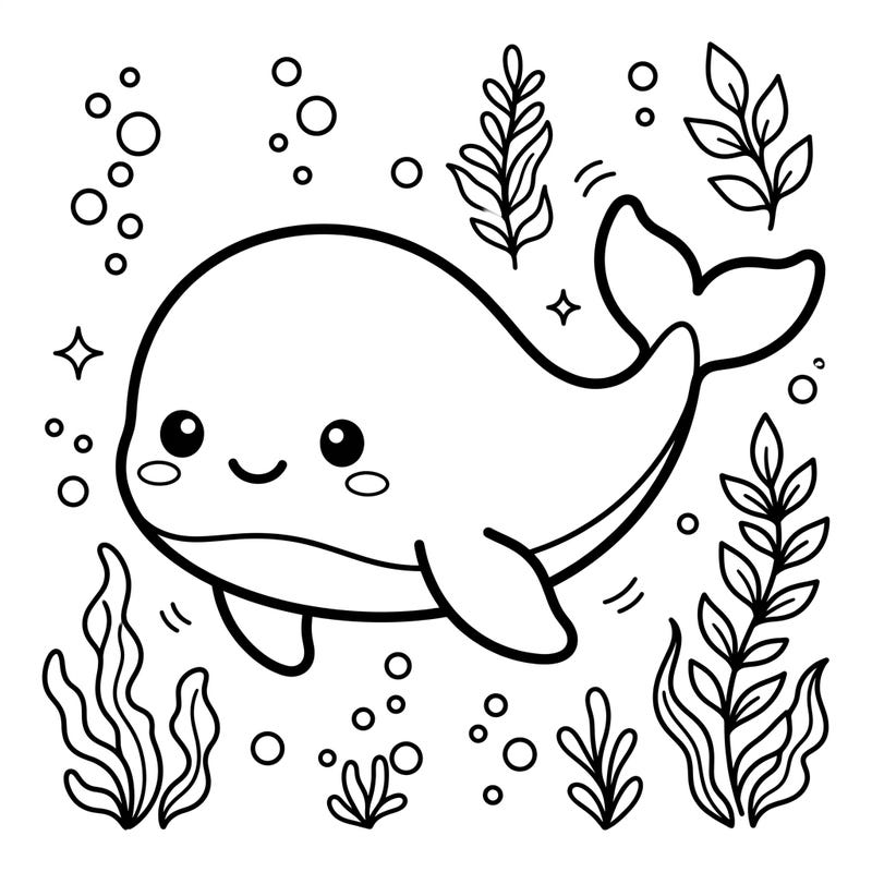 Let your child's creativity surface with this delightful kawaii gray whale coloring page. Designed with thick outlines and a friendly face, it's perfect for little hands to enjoy an underwater adventure.