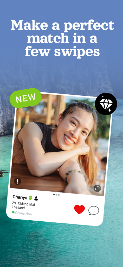 ThaiCupid: Thai Dating & Chat - ThaiCupid mobile app screen featuring a woman profile card and the headline Make a perfect match in a few swipes