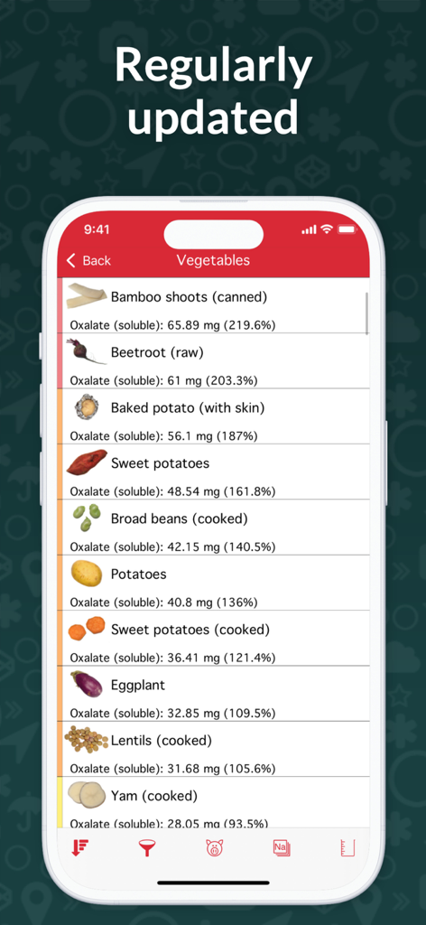 OxiPur – Gout & Kidney Stones - A list of vegetables in the OxiPur app showing soluble oxalate levels for kidney stone diet management.