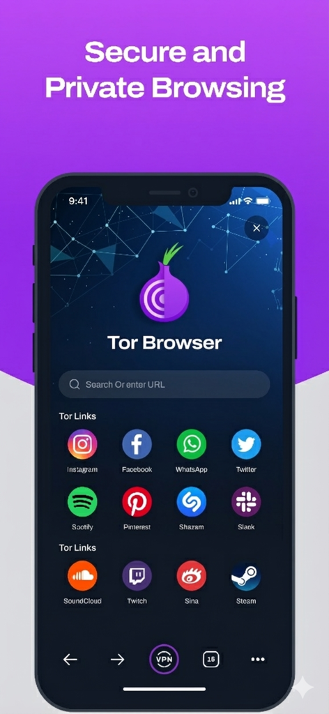 Tor Browser アプリのホーム画面。ソーシャル メディアのショートカットと VPN コントロールを備えた、安全でプライベートなブラウジング インターフェイスが表示されます。