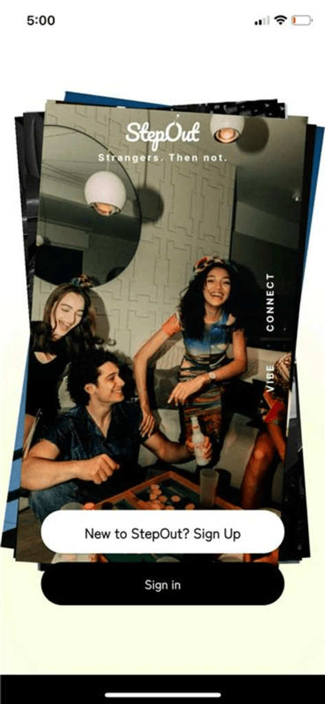 StepOut World - StepOut World app onboarding screen showing three people laughing and socializing at a table with buttons to sign up or sign in