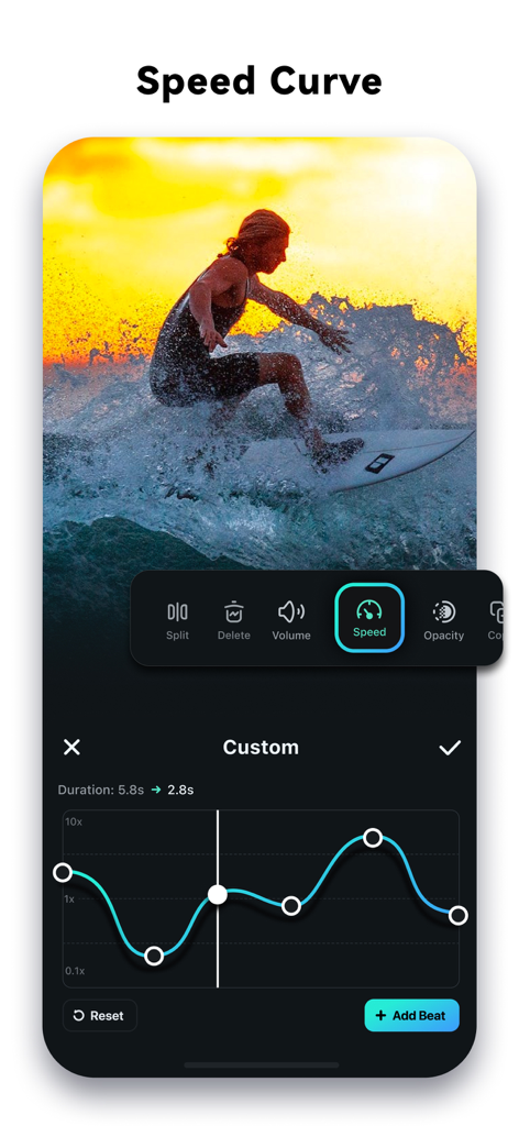 Interface de l'Éditeur Vidéo Filmora IA montrant l'outil Courbe de Vitesse pour des ajustements de tempo vidéo personnalisés