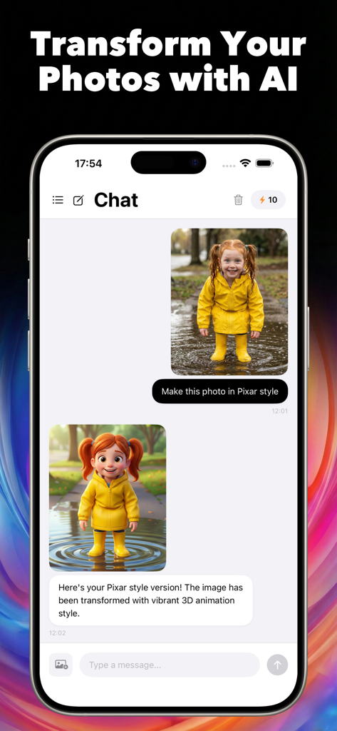 Dazzle AI App Chat-Oberfläche, die das Foto eines Kindes in eine 3D-Animation im Pixar-Stil verwandelt