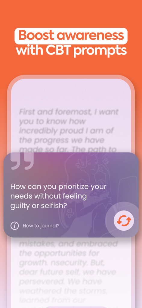 Antistress LINA app screen showing a CBT journaling prompt for self-reflection and mental health.