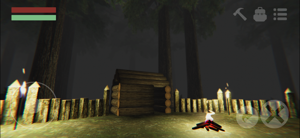 Trapped in the Forest! - Una base de supervivencia con una cabaña de troncos y una valla de madera defensiva iluminada por una hoguera en un bosque oscuro por la noche.