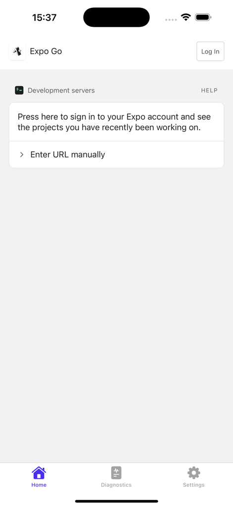 Écran d'accueil de l'application Expo Go affichant les options du serveur de développement et une invite de connexion.