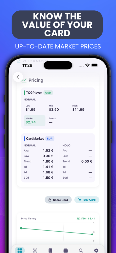 Poke TCG Vault - Card Value - Interfaz de la aplicación móvil Poke TCG Vault mostrando precios de mercado en tiempo real de TCGPlayer y CardMarket con gráficos históricos de precios