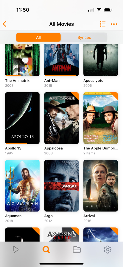 Infuse: Enterprise - A grid display of movie posters including Ant-Man and Aquaman in the Infuse Enterprise media player interface.
