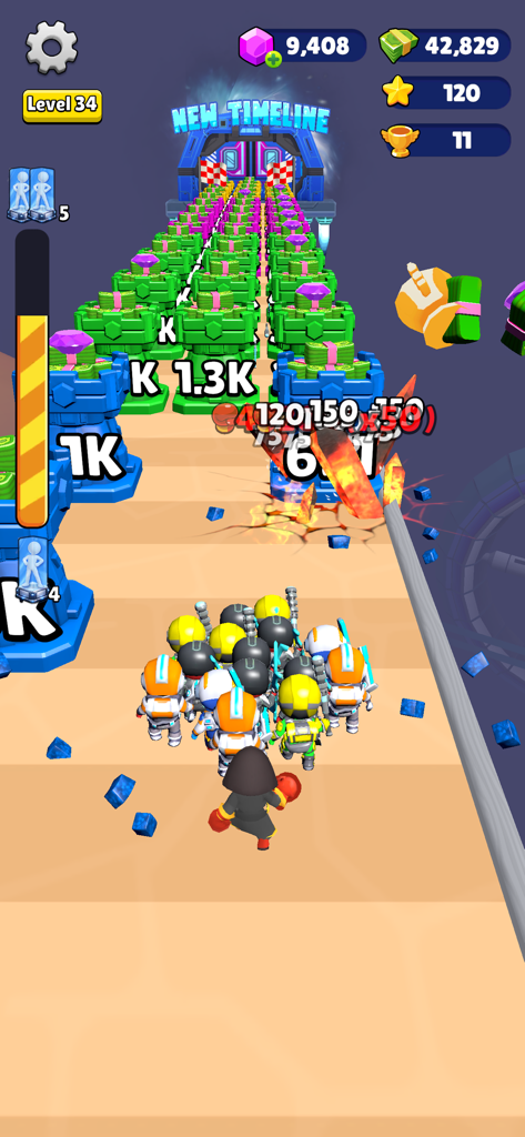 Mob Era: Age Evolution - A crowd of futuristic soldiers running through obstacles toward a new timeline gate in Mob Era Age Evolution