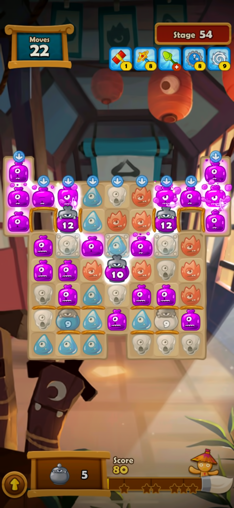 Gameplay of Monster Busters Link Flash showing a monster linking puzzle with colorful characters and an Asian themed background