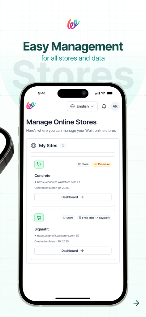Wuilt Merchant - Interface for managing multiple online stores on the Wuilt Merchant app dashboard