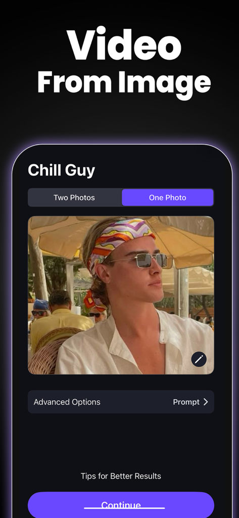 VideoAI: AI Video Generator+ - Mobile app interface of VideoAI showing the option to generate a video from a single photo