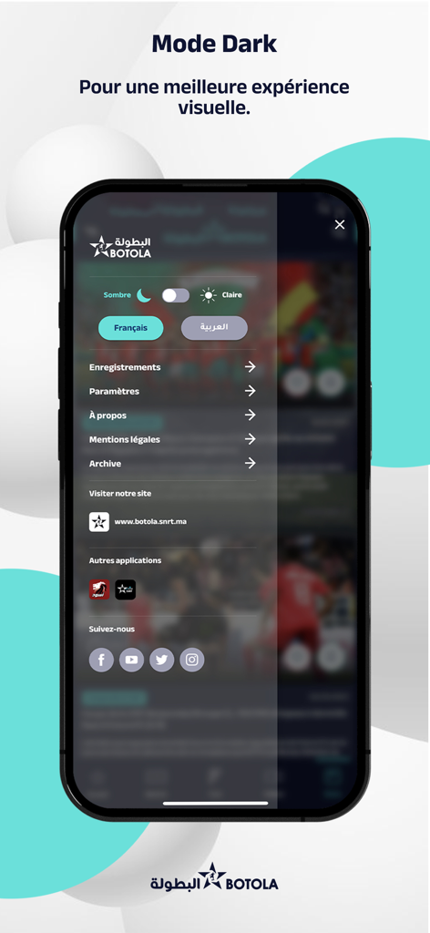 Interfaccia dell'app Botola che mostra le impostazioni della modalità scura e della selezione della lingua in francese e arabo