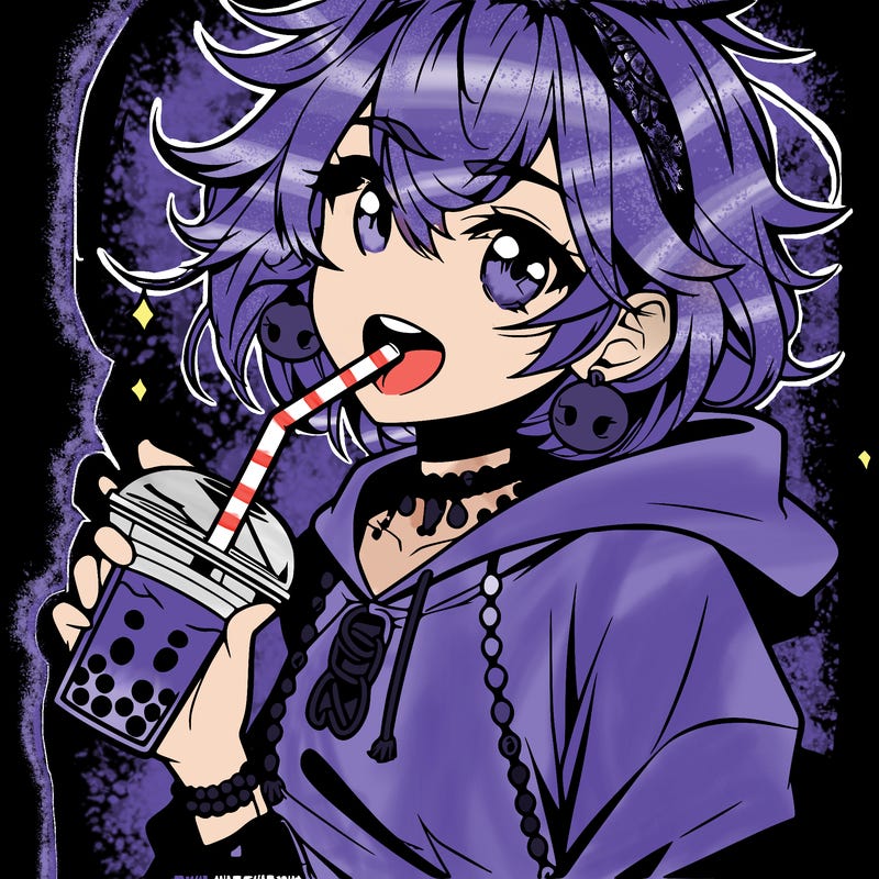 hot baddie anime girl drinking boba and biting the straw