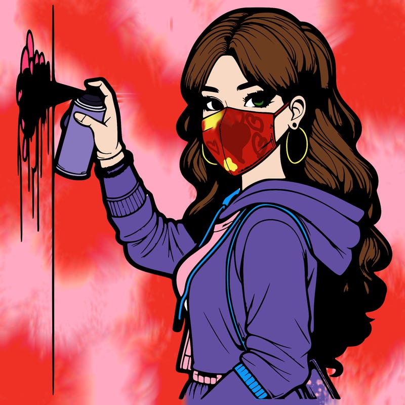 realistic girl with mask spray painting a wall