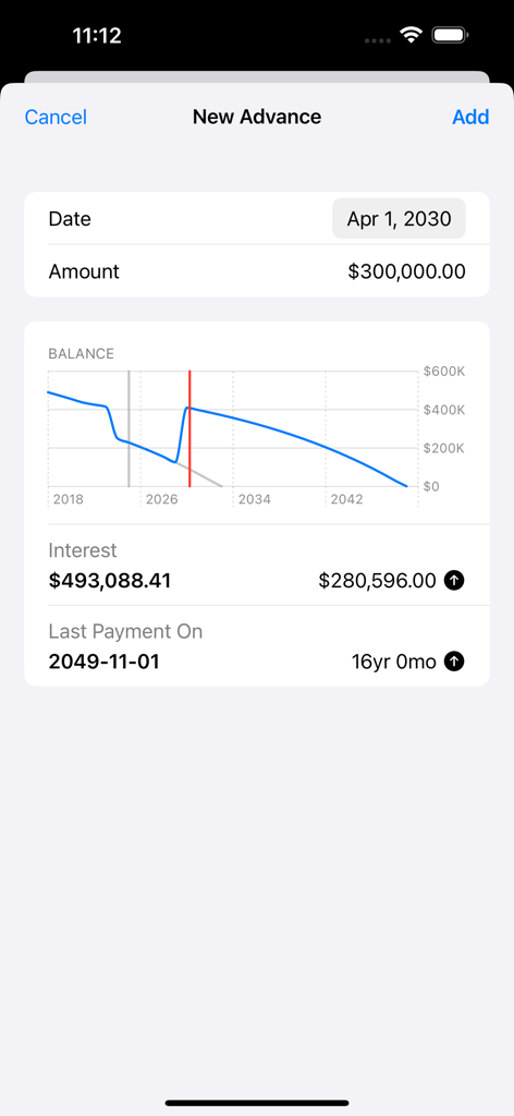 Amortization - Loan Calculator - Interface for adding a new loan advance with amount entry and amortization chart.