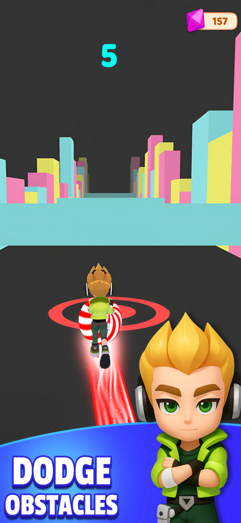 Real Catch Up 3D - Speed Ball - Jugabilidad de Real Catch Up 3D que muestra un personaje en una bola rodante esquivando obstáculos en una ciudad colorida