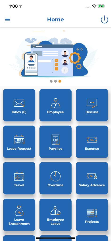 HRstation - The home screen of the HRstation app displaying a grid of HR management icons including inbox, leave requests, payslips, and overtime.