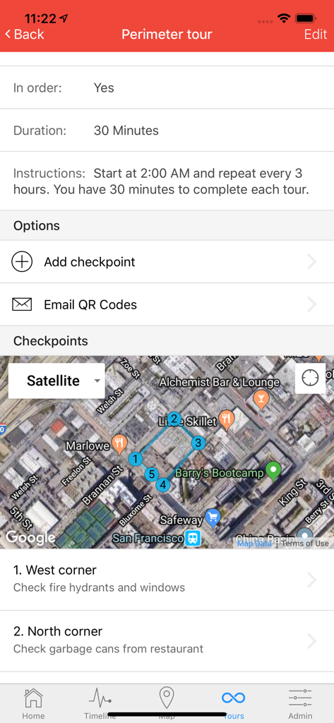CityTroops - CityTroops app screen showing a perimeter tour configuration with a satellite map and security checkpoints