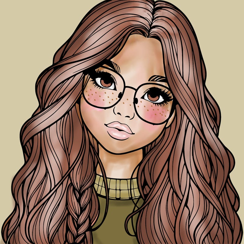 girl with long hair and freckles and glasses realistic