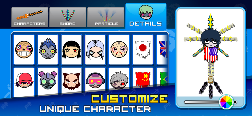 Character customization menu in Pixel Sword Fish io showing various skins and swords