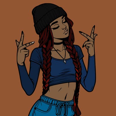 realistic teenage girl with braids and a beanie and crop top doing 🫶🏼
