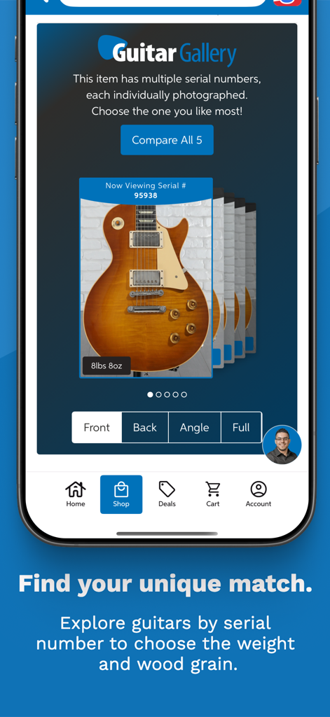 Sweetwater app Guitar Gallery interface showing a specific electric guitar with its serial number and weight