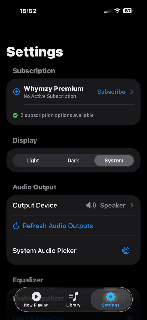 Whymzy Music Player - The settings menu of Whymzy Music Player featuring subscription options audio output selection and theme display modes