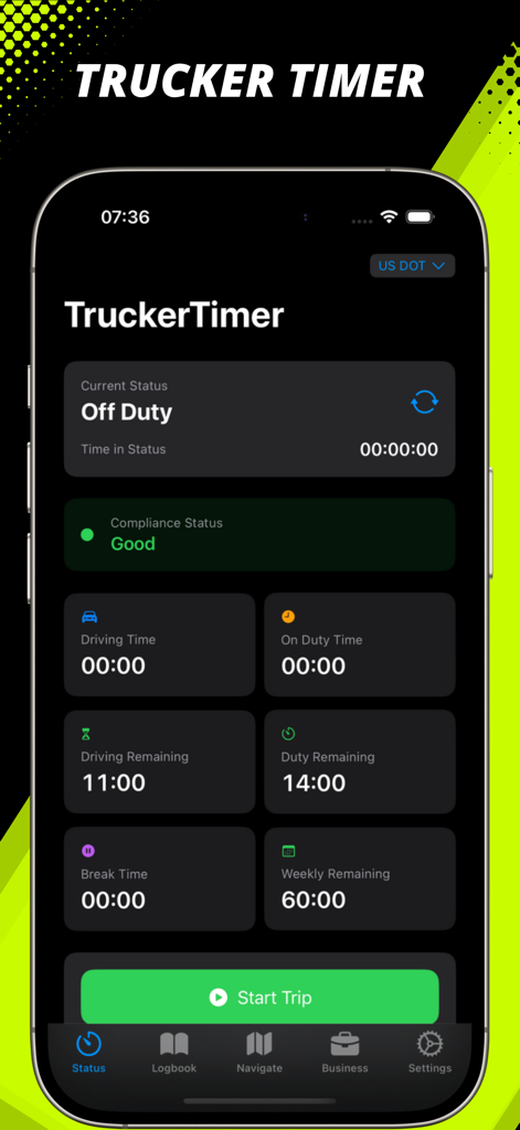 Trucker Timer dashboard screen showing hours of service compliance and driving timers