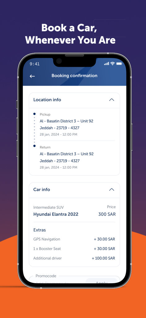 Budget Saudi Car Rental - Car rental booking confirmation screen on the Budget Saudi app showing car details and location
