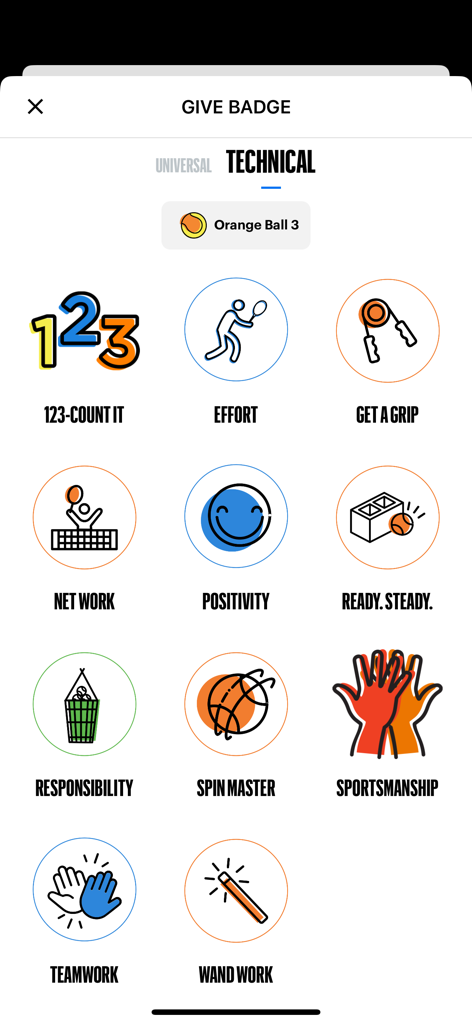 Interface of the Net Generation app showing technical skill badges available for tennis coaches to award players