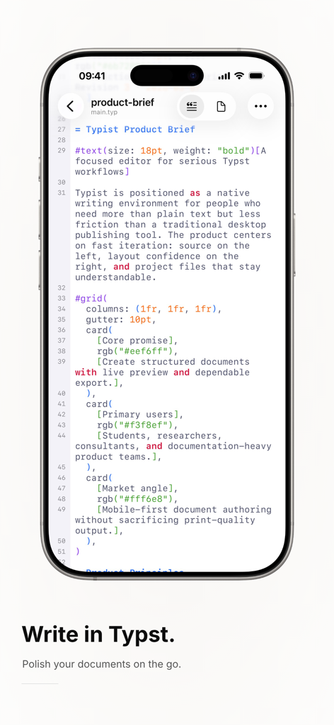 InkPond - Interfaz de la aplicación móvil InkPond que muestra un documento Typst en edición con resaltado de sintaxis