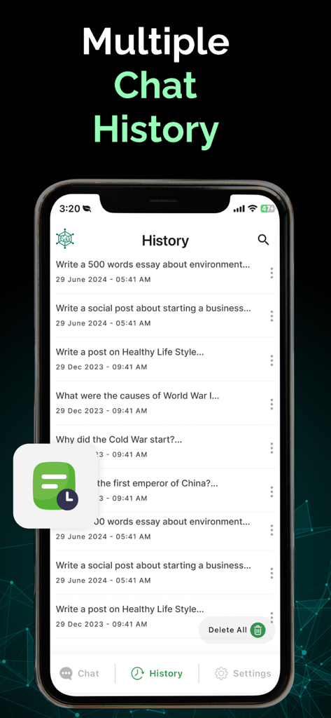 AI Chat: Smart AI Assistant - A smartphone displaying the history tab of the AI Chat app with a list of past queries and essay drafts.