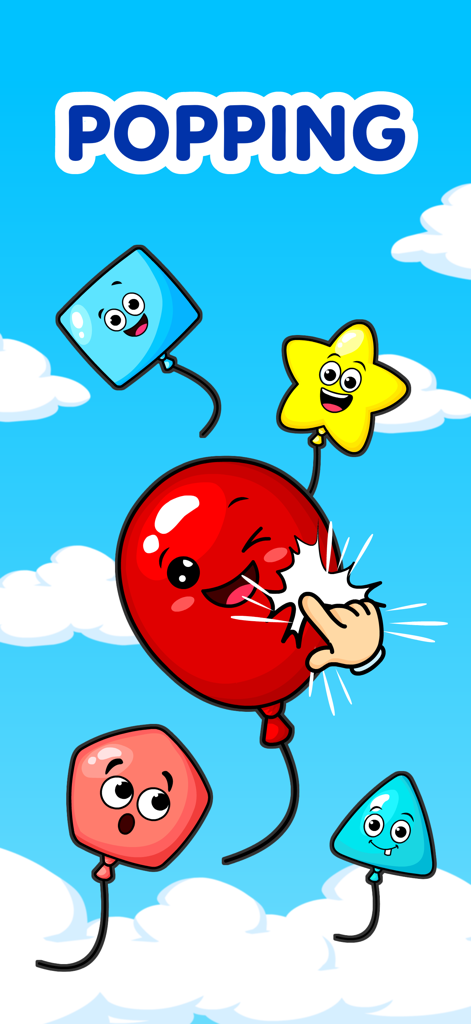 A hand popping a smiling red balloon in a sky filled with colorful shaped balloons like stars and squares.