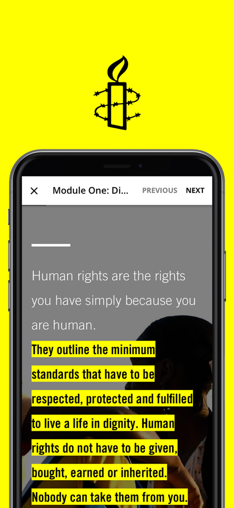 Uma tela de smartphone exibindo um módulo de curso da Academia de Direitos Humanos com uma definição de direitos humanos.