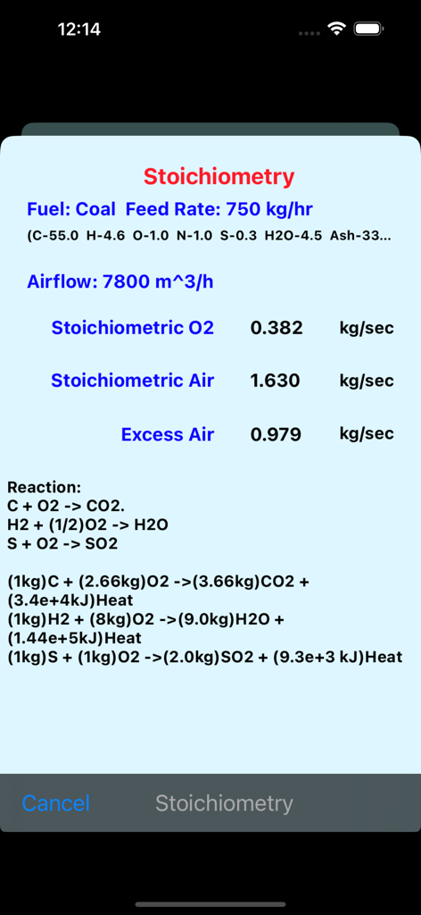 Stöchiometrische Analyse-Bildschirm der Boiler Efficiency App mit Verbrennungsberechnungen für Kohlebrennstoff.