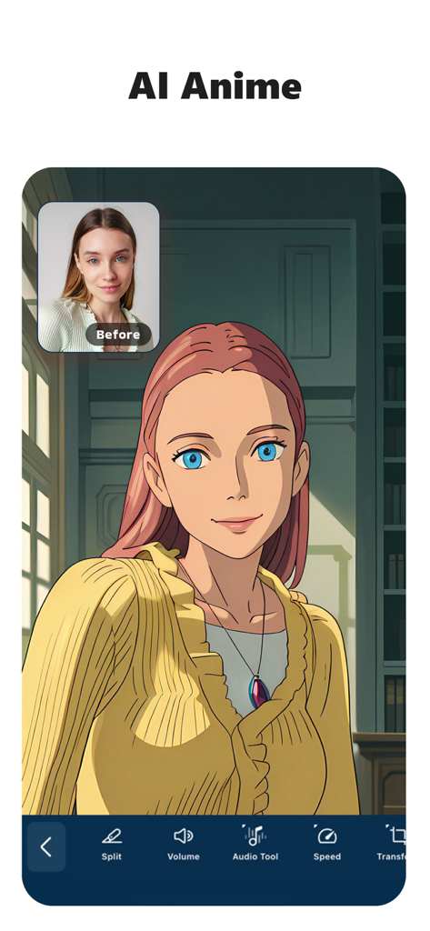 PowerDirector: AI Video Editor - Una comparación de antes y después que muestra una foto real transformada en un personaje de anime usando la función de IA Anime en PowerDirector.