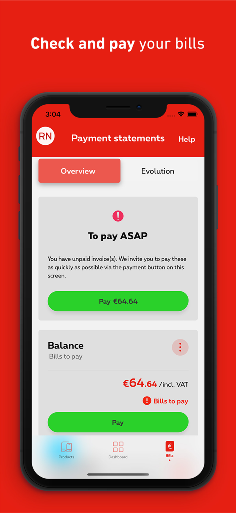 MyScarlet - Interfaz de la aplicación MyScarlet que muestra un resumen de la factura mensual y un botón de pago verde