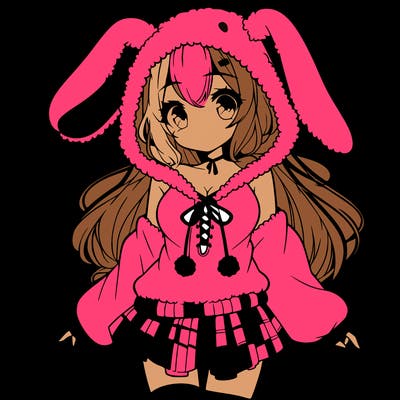 pretty anime girl wearing a fluffy hoodie with bunny ears on the hood and a skirt