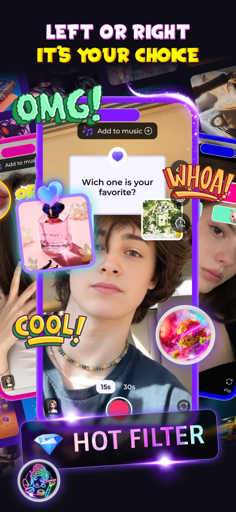 This or That: Funny Filter - Um adolescente usando o filtro This or That para escolher entre dois produtos na câmera para um vídeo de mídia social.
