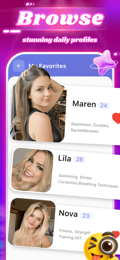 Mafun app interface showing a list of AI companion profiles and their hobbies