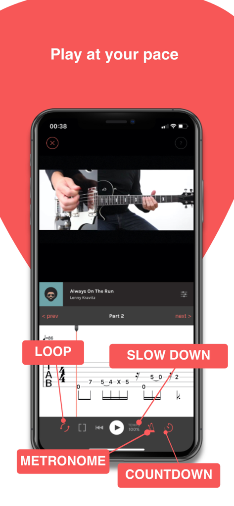 Play Guitar Hits - Interface of the Play Guitar Hits app showing a video lesson with interactive guitar tabs and practice tools like loop and slow down.
