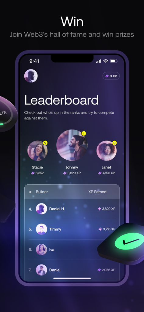 EasyAアプリのリーダーボード。ブロックチェーン学習のための学生ランキングとXP報酬が表示されています。