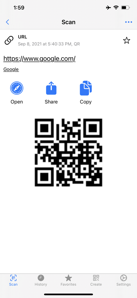 QR code scanner app showing a website URL result with options to open share and copy